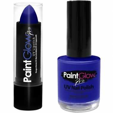 Felblauwe/neonblauwe lippenstift/lipstick nagellak uv/glow the dark c