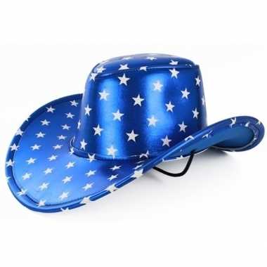 Metallic blauwe cowboyhoed zilveren sterren volwassenen carnavalskled