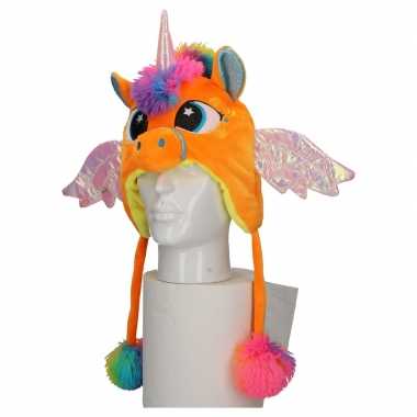 Pluche oranje eenhoorn kindermuts flapjes carnavalskleding den bosch