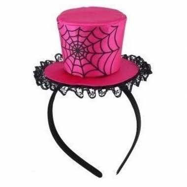 Roze verkleed haarband mini hoed spinnenweb dames carnavalskleding den bosch