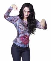 Carnavalskleding fotorealistisch bloederige zombie shirt dames