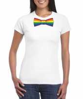 Carnavalskleding gay pride shirt regenboog vlinderstrikje wit dames