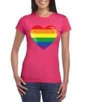Carnavalskleding gay pride t-shirt regenboog vlag hart roze dames