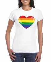 Carnavalskleding gay pride t-shirt regenboog vlag hart wit dames