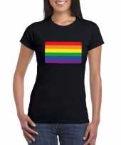 Carnavalskleding gay pride t-shirt regenboog vlag zwart dames