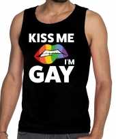 Carnavalskleding kiss me i am gay tekst fun tanktop shirt zwart heren