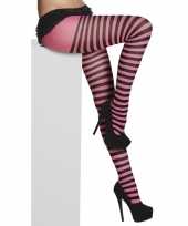 Carnavalskleding panty strepen zwart roze dames