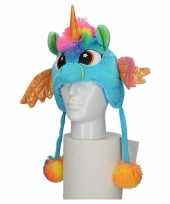 Carnavalskleding pluche blauwe eenhoorn kindermuts flapjes