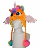 Carnavalskleding pluche oranje eenhoorn kindermuts flapjes