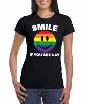 Carnavalskleding regenboog emoticon smile if you are gay shirt zwart dames