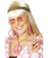 Carnavalskleding roze hippie peace sieraden set