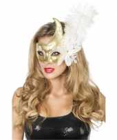 Carnavalskleding venetiaanse oogmaskers wit goud veer