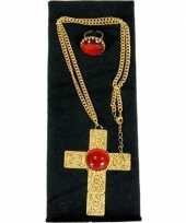 Carnavalskleding verkleed sinterklaas ketting ring set goud rood kruis heren volwassenen