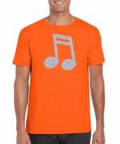 Carnavalskleding zilveren muziek noot t-shirt oranje heren