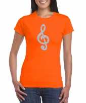 Carnavalskleding zilveren muzieknoot g sleutel t shirt oranje dames