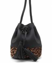 Carnavalskleding zwarte bruine luipaardprint schoudertas cross body tas bucket bag nel tijgervel